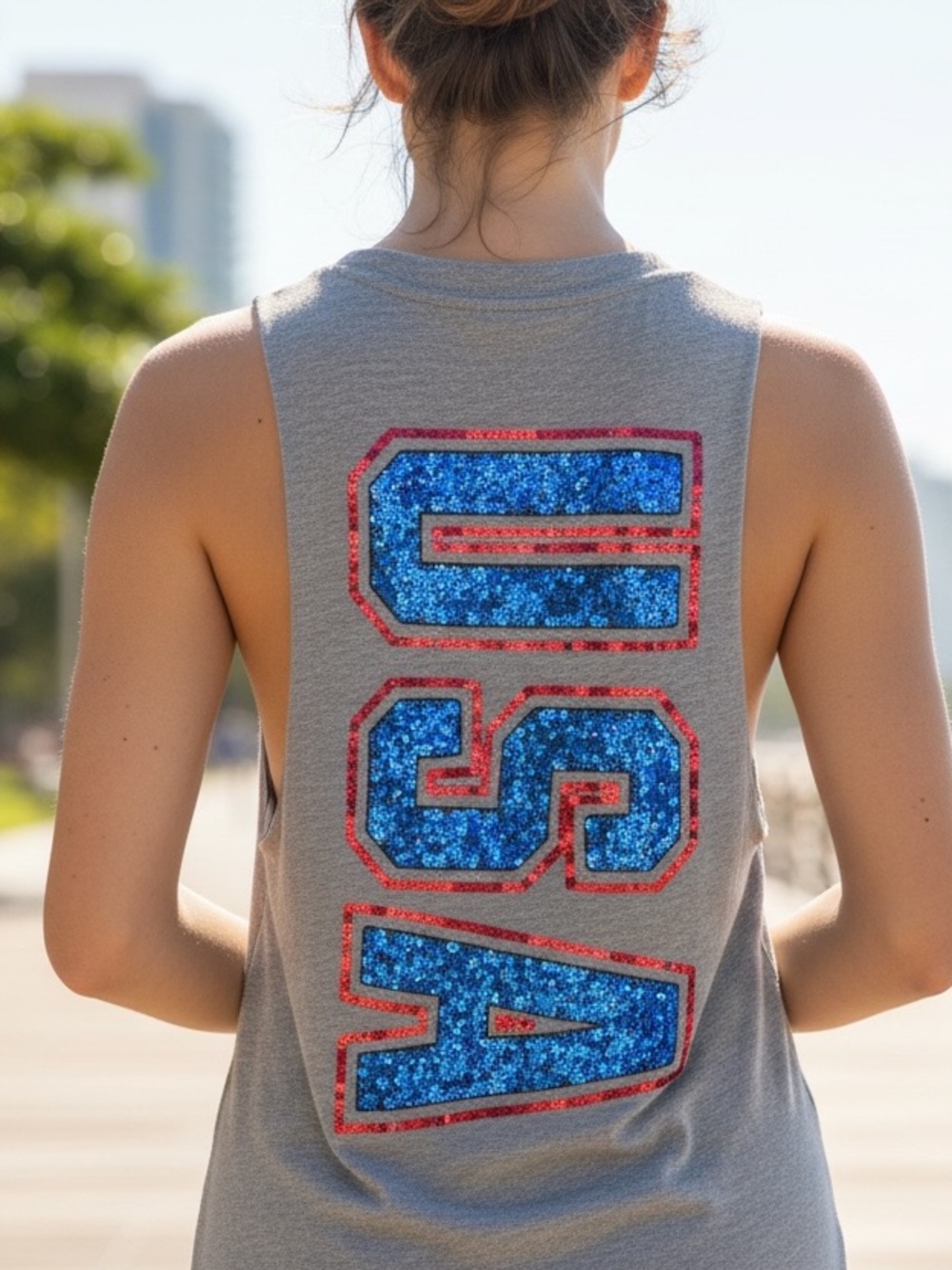 Victoria's Secret PINK Patriotic USA Sequined Muscle Tank Top Gray/Red/Blue L